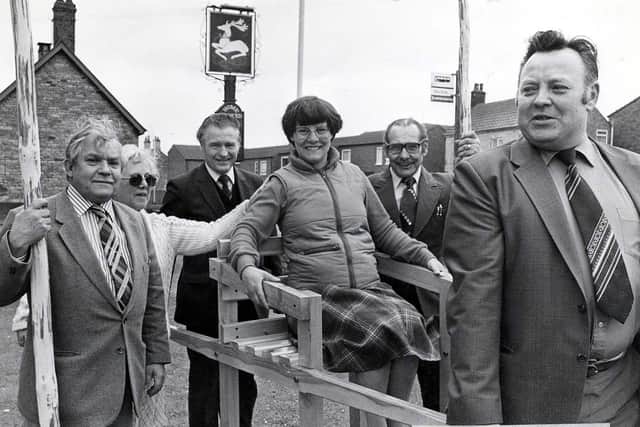 Preparing for the 1982 Pole Fair l-r  Kitty Cooper, Bill Mawdsley, Peter Floody, Charlie Waterfield and Joe Sims.