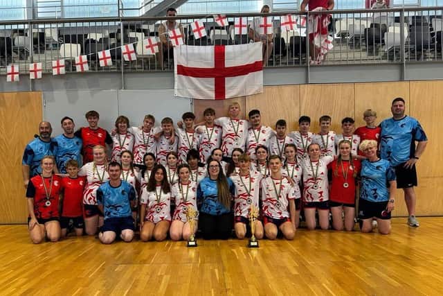 England Lions Dodgeball U18 Boys & U18 Girls Group with their bronze place trophies and medals.