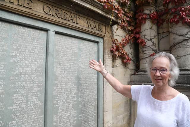 Yvonne Robinson Tingle with the inscription on Kettering War Memorial. Herbert's name also appears on Ilkeston's War Memorial