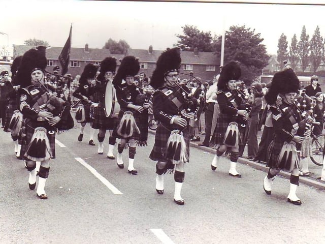 The Stewarts and Lloyds Pipe Band at Corby Carnival in 1975. The band had the idea of holding a Highland Gathering