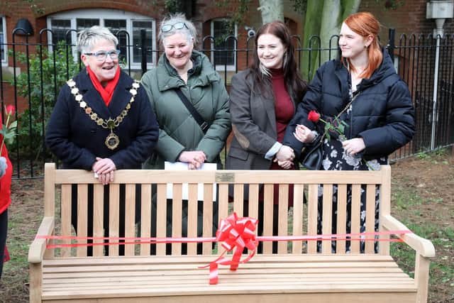 Kettering, bench dedicated to former councillor Mick Scrimshaw by Mayor of Kettering Keli Watts and Shona Scrimshaw - Mick's widow - and children Abbey and Jess,
Sunday, January 15 2023