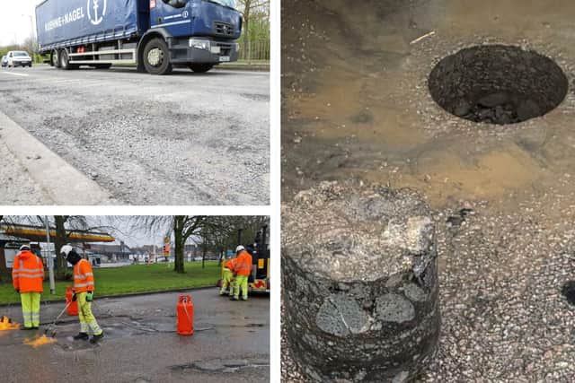 Potholes in North Northants/ a highways crew working/ the core taken from the road surface/IMG/NNC