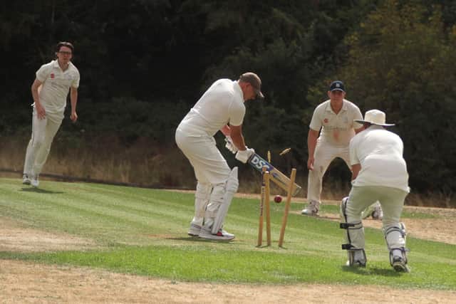 Wicket-taking action from the NCL clash between Barton Seagrave IIs and Rushton IIs (Picture: Finbarr Carroll)