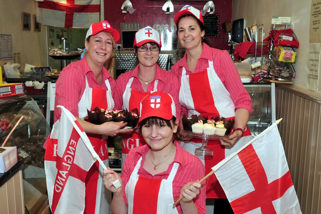 RUSHDEN, Mrs B's staff kitted out in St George's Day outfitsHelen Mayes, Sue Barnes, Elaine Buckby, Front:  Christie Stuart. 2010