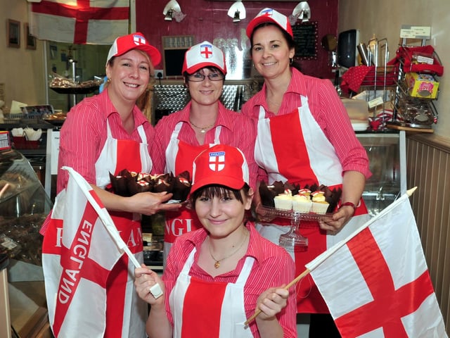 RUSHDEN, Mrs B's staff kitted out in St George's Day outfitsHelen Mayes, Sue Barnes, Elaine Buckby, Front: Christie Stuart. 2010
