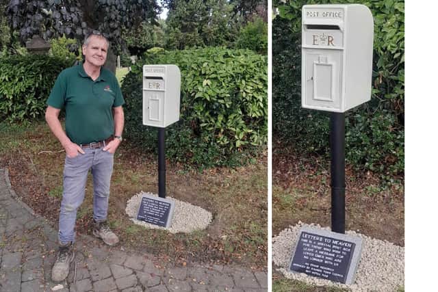 Michael Maynard of Maynard Memorials, Kettering with the Letter to Heaven postbox in Raunds