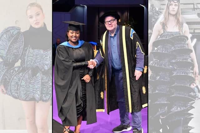 UON Fashion graduate, Mellonia Gray, receiving her degree award.