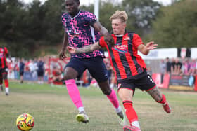 Carl Mensah keeps close tabs of Kettering Town striker Eddie Panter during Saturday's 0-0 draw (Picture: Peter Short)