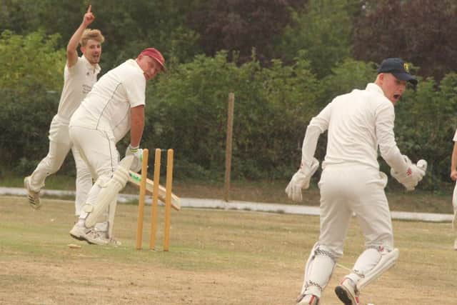 Wicket-taking action from Burton Latimer IIs' Northants Cricket League Division Five win at Raunds Town  (Picture: Finbarr Carroll)