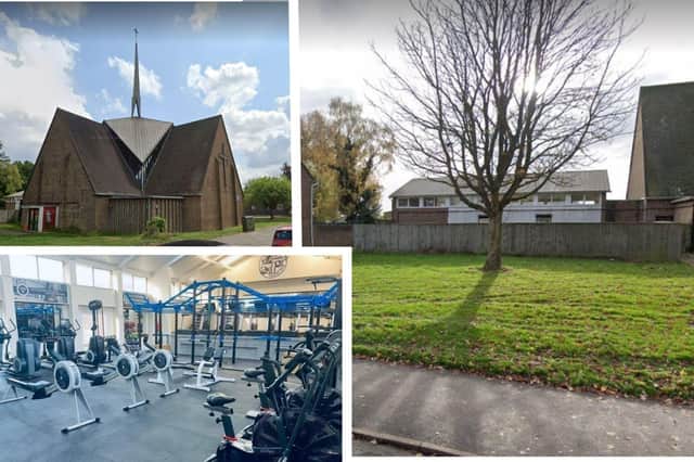 Top left: the Church of the Epiphany, Corby. Bottom left: The Chapel Gym. Right: The patch of land where the car park could be built