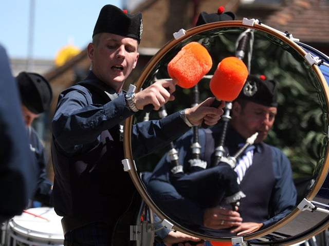 Grampian Pipe Band's Nick Wilson has a big shiny drum at Corby's Highland Gathering