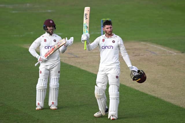 Northants batter Rob Keogh celebrates reaching his 100 during the LV= Insurance County Championship Division One match between Northamptonshire and Essex (Picture: Shaun Botterill/Getty Images)
