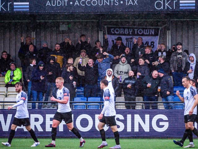Corby Town's travelling supporters were delighted with Saturday's 6-0 win at Sporting Khalsa (Picture: Jim Darrah)