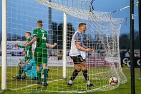 Michael Jacklin shows his delight after Jordan O'Brien's late equaliser for Corby Town in their 1-1 draw with Bedworth United at Steel Park last weekend. Pictures by Jim Darrah