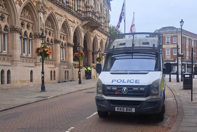 Northamptonshire Police van outside the Northampton Guildhall. Credit: Nadia Lincoln LDRS