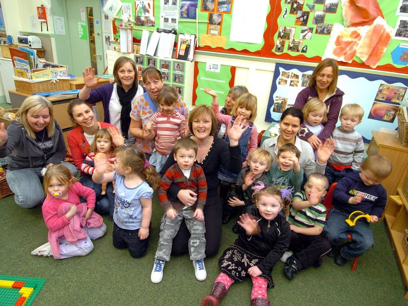 Head of Nursery Angela Prodger with pupils and staff back in 2010.