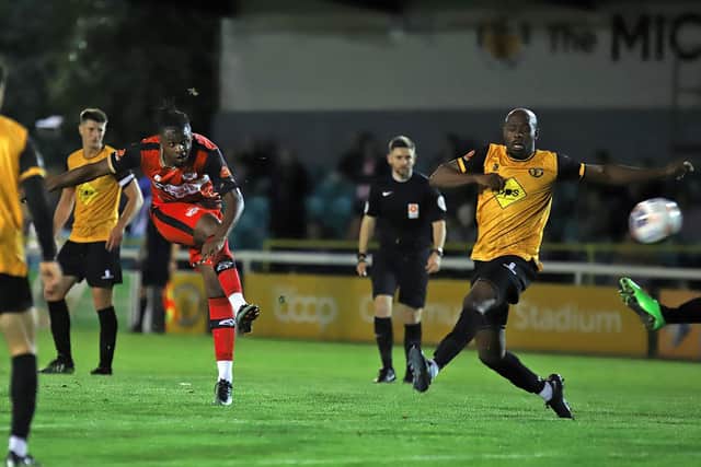 Action from Kettering Town's 1-0 defeat at Leamington. Picture by Peter Short