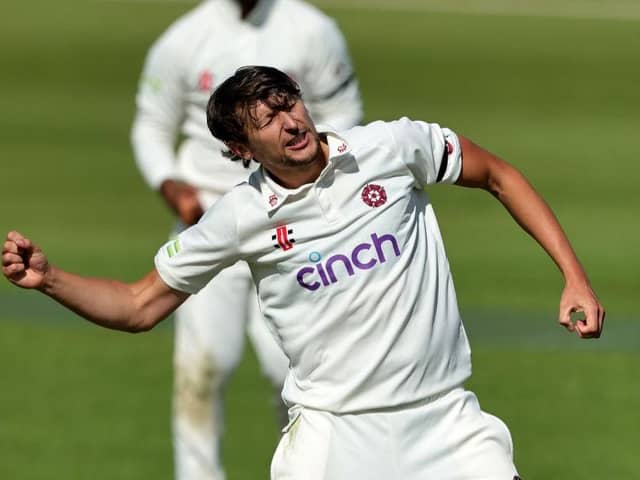 Northants bowler Jack White after taking his fifth wicket, that of Kasey Aldridge during the LV= Insurance County Championship Division One match against Somerset at the County Ground (Picture: David Rogers/Getty Images)