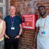 Commissioner Stephen Mold with Off the Streets NN founders Jane Capp and Rav Jones alongside one of the new bleed cabinets just installed in Eastfield Park, Wellingborough
