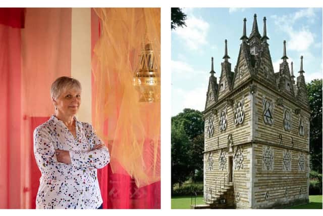 Artist Marigold Short with one of the objects she has created for her ‘Testament’ Art Installation at Rushton Triangular Lodge. Credit: Rob Harris/English Heritage