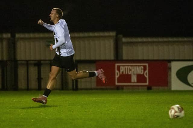 Wiktor Gromek celebrates scoring Corby's second goal (Picture: Jim Darrah)