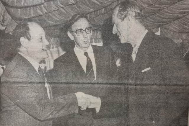 Kelvin Glendenning (centre) introduces The Duke of Edinburgh to Mr King from RS Components
