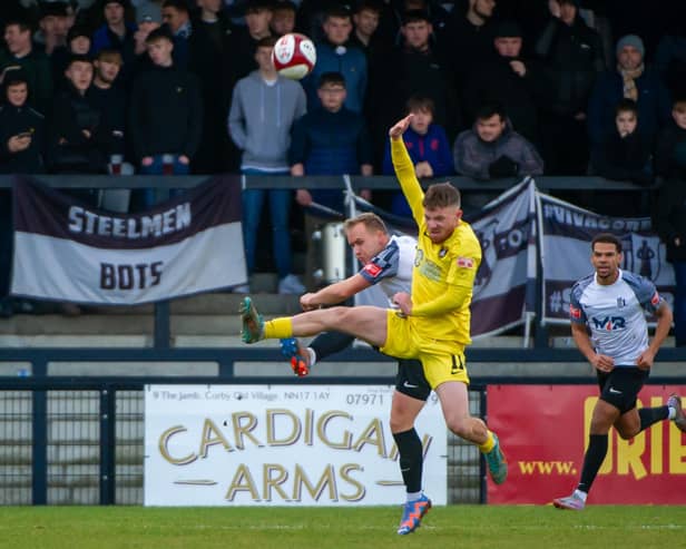 Action from Corby Town's 4-3 defeat at the hands of Harborough Town in December (Picture: Jim Darrah)