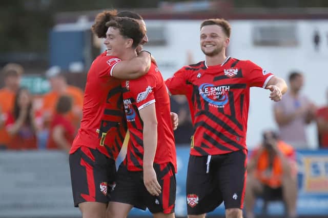 Alfie Lewis celebrates scoring Kettering's second goal against Leiston (Pictures: Peter Short)