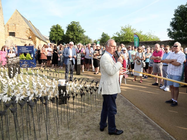 Art installation at Chester House for Cransley Hospice to mark the 25th anniversary of the Kettering hospice.
Artist Louise Crookenden-Johnson creator of the 500 handmade pottery robins, unveiled by Lord Lt James Saunders Watson
Friday, June 16, 2023