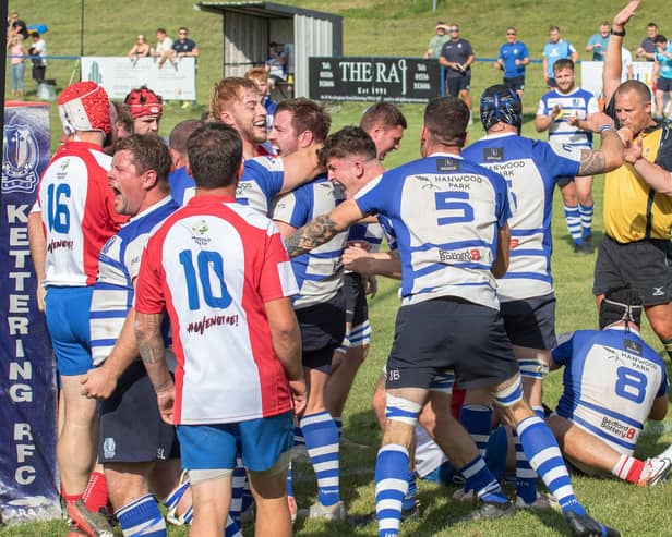 Kettering celebrate their second try against Wellingborough. Pictures by Glyn Dobbs