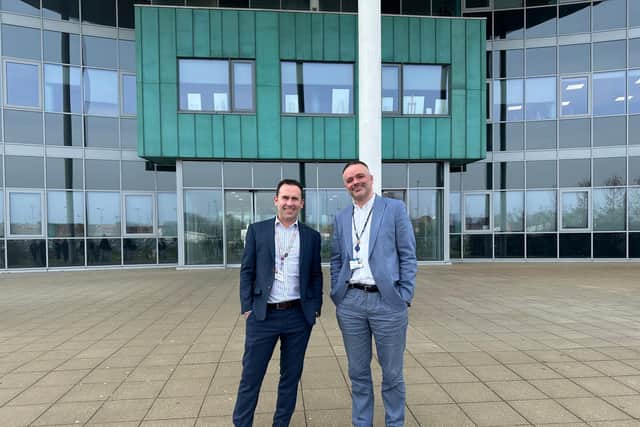 Oliver Symons, principal of Moulton College, with Jason Lancaster, principal of Northampton College
