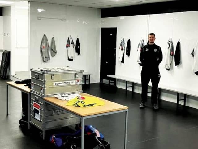 Corby Town manager Lee Attenborough in the newly-refurbished dressing-room at Steel Park