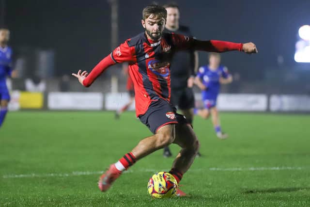 Theo Alexandrou drills home Kettering Town's fourth goal against Leiston (Picture: Peter Short)