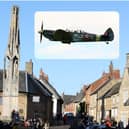 The Eleanor Cross - with inset file photo of a Spitfire