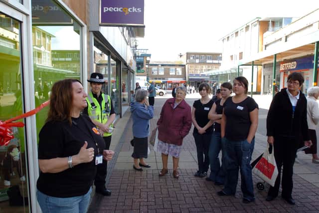 Ann-Marie Lawson from the Jam Team talks to the crowd at the opening of the project's shop in Corby back in 2009.