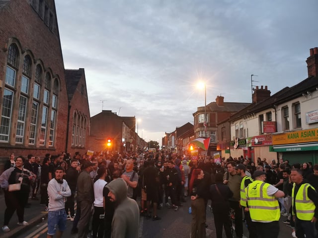 Hundreds have gathered in Kettering Road this evening from 7pm with a peaceful counter-protest