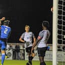 Hilton Arthur headed home the first of his two goals to put Corby Town 2-1 up in their win over Yaxley at Steel Park. Picture by Jim Darrah