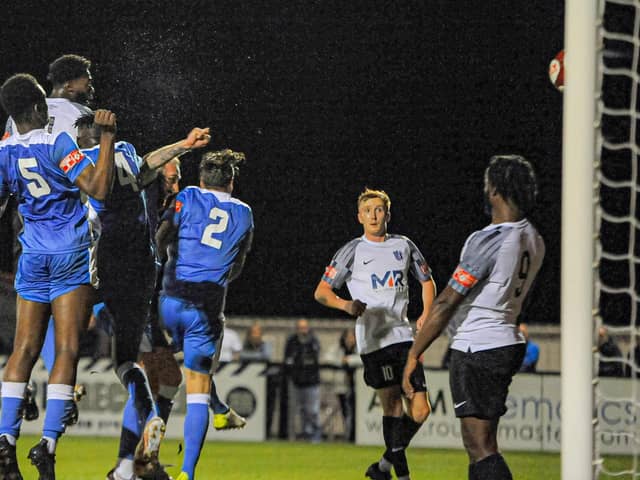 Hilton Arthur headed home the first of his two goals to put Corby Town 2-1 up in their win over Yaxley at Steel Park. Picture by Jim Darrah