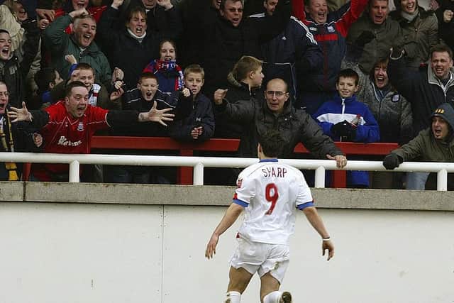Billy Sharp celebrates a last-minute winner for Rushden & Diamonds against Northampton Town in March, 2005