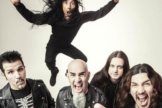 Anthrax (from left, front) Charlie Benante, Scott Ian, Jonathan Donais, Frank Bello; Airborne:  Joey Belladonna (photo: Travis Shinn)