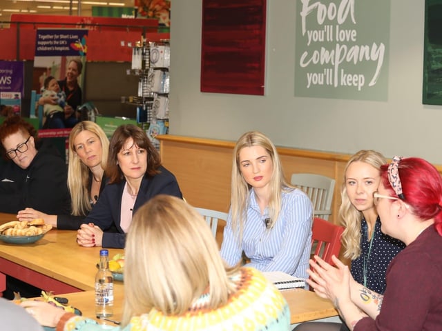 Rachel Reeves Shadow Chancellor visits Kettering Morrisons and Cheaney Shoes in Desborough with her sister Ellie Reeves and candidate Rosie Wrighting:Rachel Reeves in Kettering and Desborough