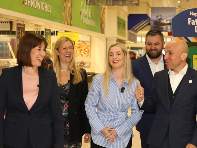Rachel Reeves Shadow Chancellor visits Kettering Morrisons and Cheaney Shoes in Desborough with her sister Ellie Reeves and candidate Rosie Wrighting:Rachel Reeves in Kettering and Desborough