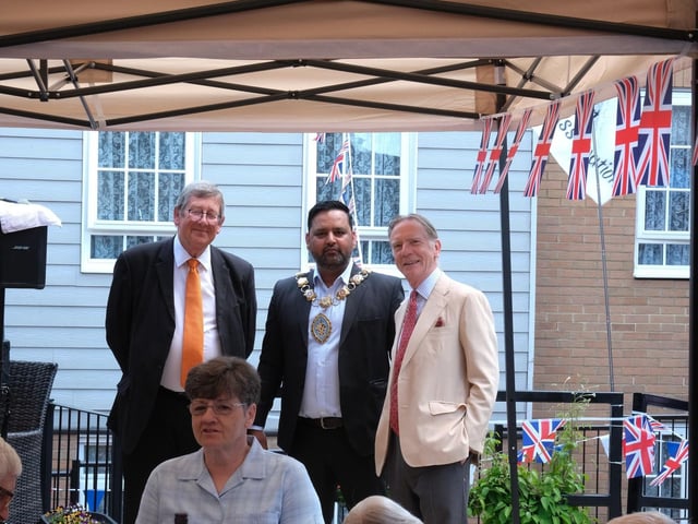 Geoffrey Dearing (left), The President of the Masonic Housing Association (MHA), Oliver Lodge (Right), the Chairman of the MHA, Wellingborough Mayor Raj Mishra (Center)
