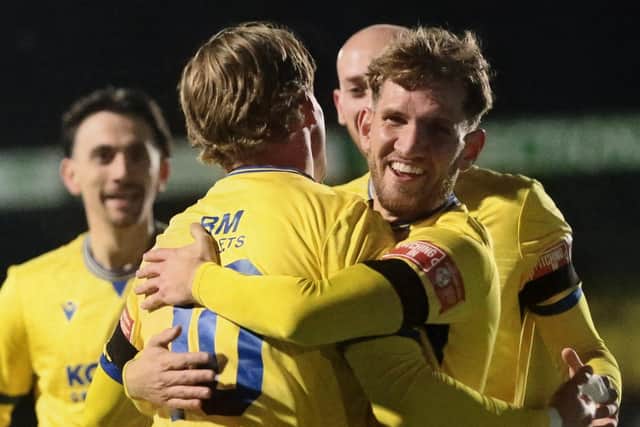 Wellingborough celebrate Danny Draper's early opener against Boldmere (Picture: Rob Webb)