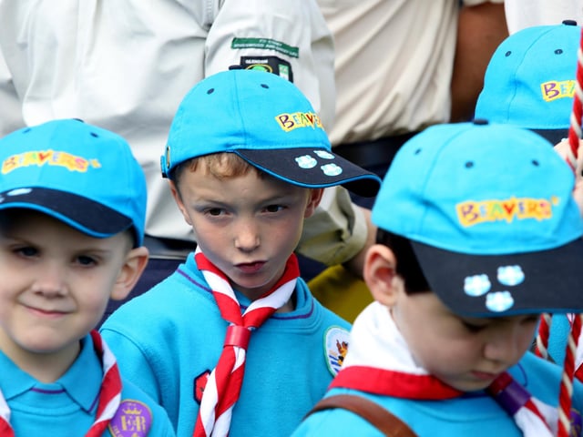 Scouts Parade: Kettering: St George's Day Parade at Wicksteed Park. Beavers, Cubs and Scouts from the Glendon District celebrate St George's Day with a parade at the park. Sunday April 23, 2017