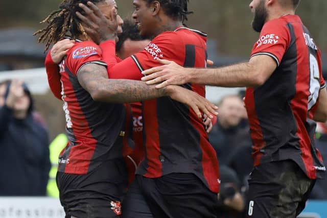 Isiah Noel-Williams takes the plaudits after his supebr finish fired Kettering into a 1-0 lead against Doncaster Rovers (Picture: Peter Short)