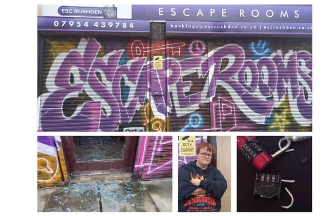 The Escape Rooms in Newton Road Rushden - the smashed glass door, manager Ruth Curtis and the broken locks