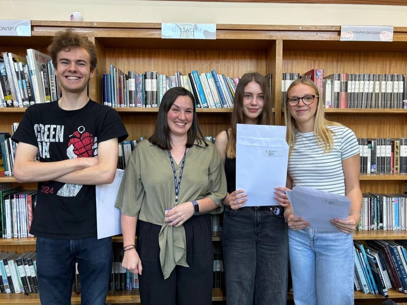 Luke Williams-Minney, Megan Davis (Deputy Head of Sixth Form,) Rhea T and Lauren K at Wrenn in Wellingborough on A-level results day 2024