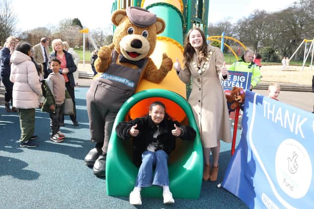 Kettering, Wicksteed Park  - official opening of Jack and the Beanstalk climbing frame. L-r Wicky Bear, Mia Opoku Agyeman and Mayor of Kettering Cllr Emily Fedorowycz/National World