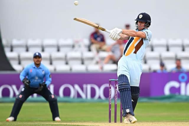 Derbyshire's Luis Reece hits out on his way to a century against Northants on Tuesday